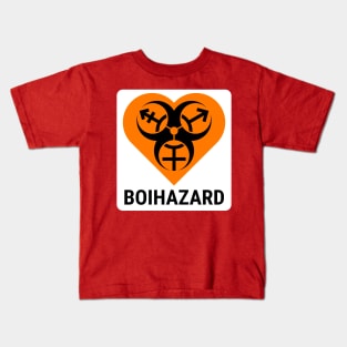 "BOI HAZARD" Heart - Label Style - Safety Orange Kids T-Shirt